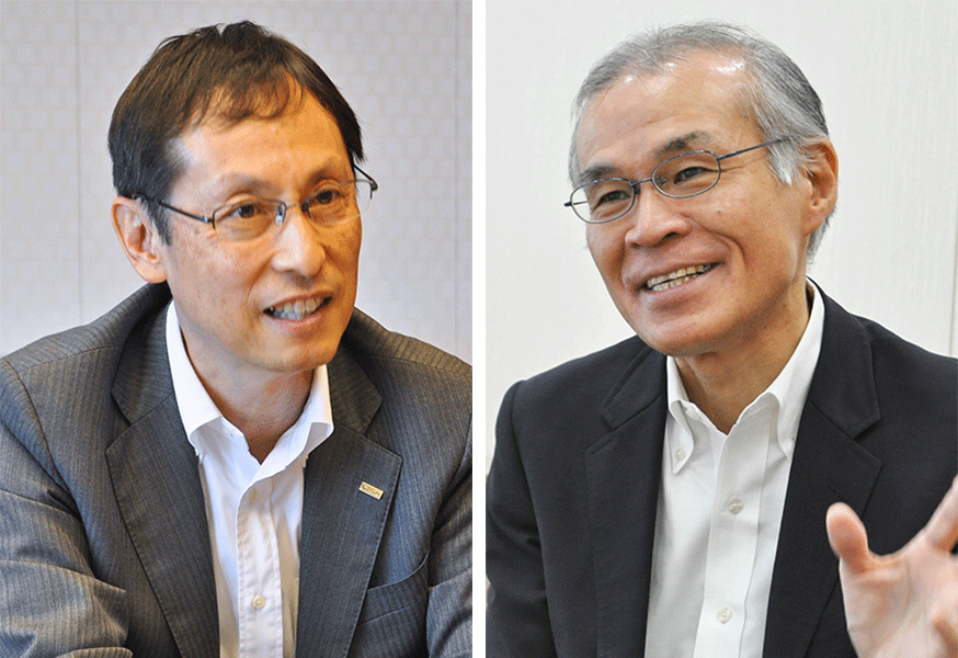 【写真】有田・事務委員長(みずほ銀行常務執行役員)(左)、米花・公共委員長(三菱UFJ信託銀行専務執行役員)