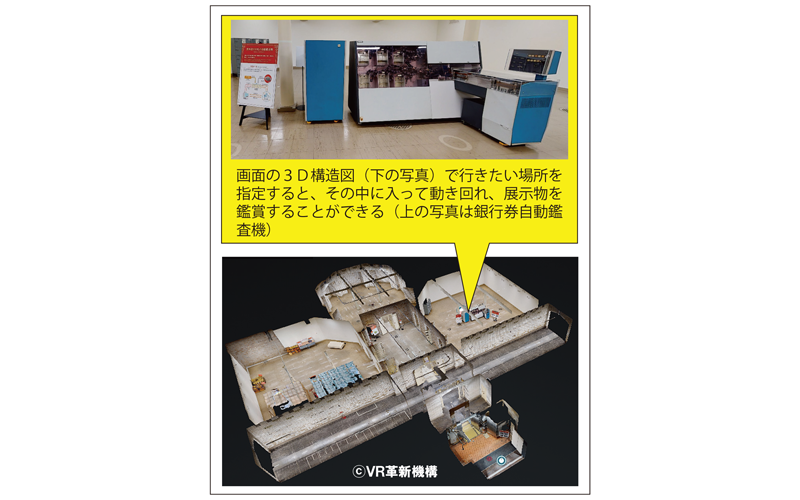 画面の3D構造図（下の写真）で行きたい場所を指定すると、その中に入って動き回れ、展示物を鑑賞することができる（上の写真は銀行券自動鑑査機）