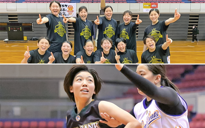 (上)高松宮記念杯で初優勝した紀陽銀行ハートビーツの選手たち(2月22日、浜松アリーナ)、(下)高松宮記念杯の決勝で相手選手と競り合う滋賀銀行の木村選手(左、2月22日)