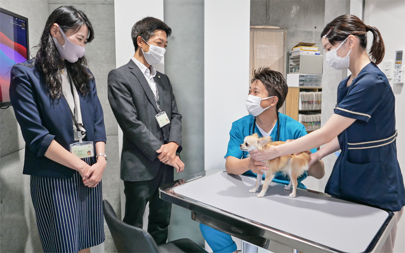 高野儀之院長(右から2人目)を訪ねる鈴木裕美子課長代理(左)と東海林淳支店長(左から2人目)。最新鋭の設備を備えた同院には遠方からも来院者が訪れる(9月1日、山形霞城どうぶつ医療センター)