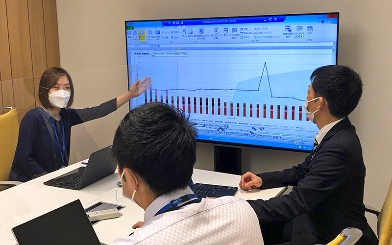 年齢別の平均収入について打ち合わせする広島銀行個人営業部（3月28日）