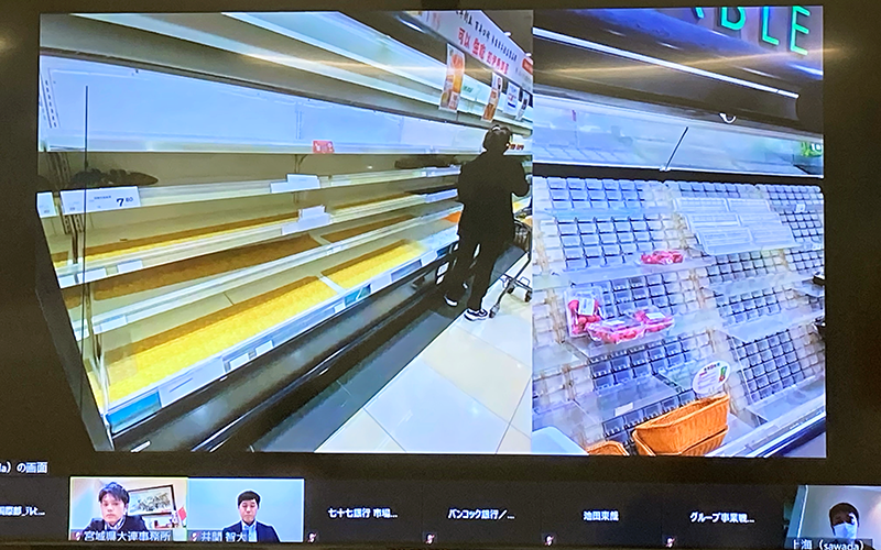 上海駐在員事務所の行員による、ものが売り切れたスーパーの店内を撮影した映像（七十七銀行提供）