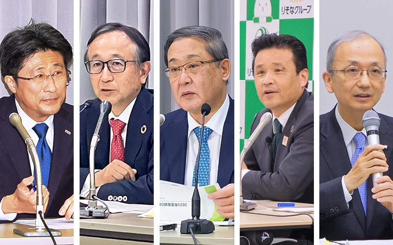 決算発表に臨む大手行5グループのトップ。(左から)みずほFGの木原正裕社長、三菱UFJFGの亀澤宏規社長、三井住友FGの太田純社長、りそなHDの南昌宏社長、三井住友THDの高倉透社長(5月12~16日、都内)
