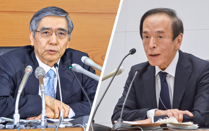 ４月８日に退任した黒田東彦前総裁（左）と９日に就任した植田和男新総裁