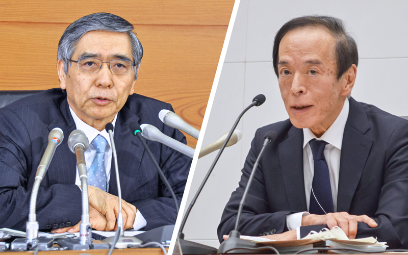 4月8日に退任した黒田東彦前総裁(左)と9日に就任した植田和男新総裁