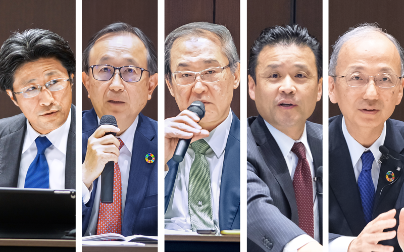 決算発表に臨む大手行5グループのトップ。(左から)木原正裕・みずほフィナンシャルグループ社長、亀澤宏規・三菱UFJフィナンシャル・グループ社長、太田純・三井住友フィナンシャルグループ社長、南昌宏・りそなホールディングス社長、高倉透・三井住友トラスト・ホールディングス社長(5月12~15日、都内)