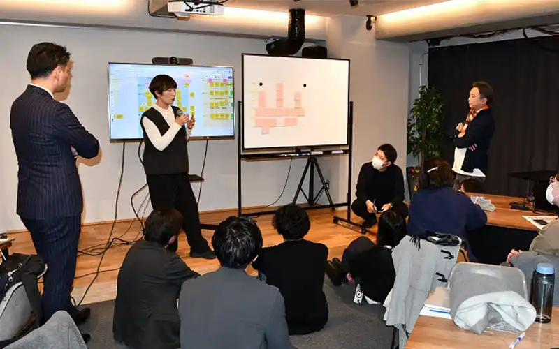 Wasshoi Lab主催のワークショップでは、課題の因果関係などを明示する「ロジックモデル」を使って参加者が目線合わせをした(24年12月12日、仙台市内)