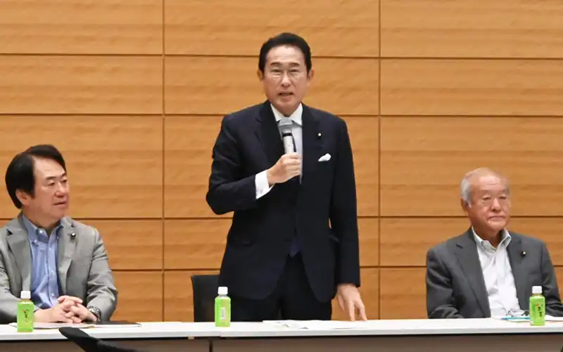 金融庁の組織改編に言及する岸田文雄会長（8月26日、衆議院第一議員会館）