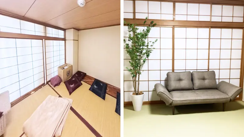 （左）改修前の和室、（右）改修後の和室（亀戸支店、みずほ銀行提供）
