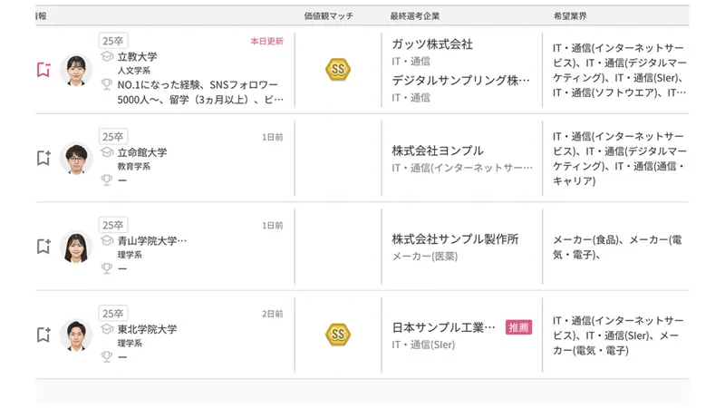 学生の最終選考情報が閲覧できる「ABABA」のイメージ画面(サンプル)